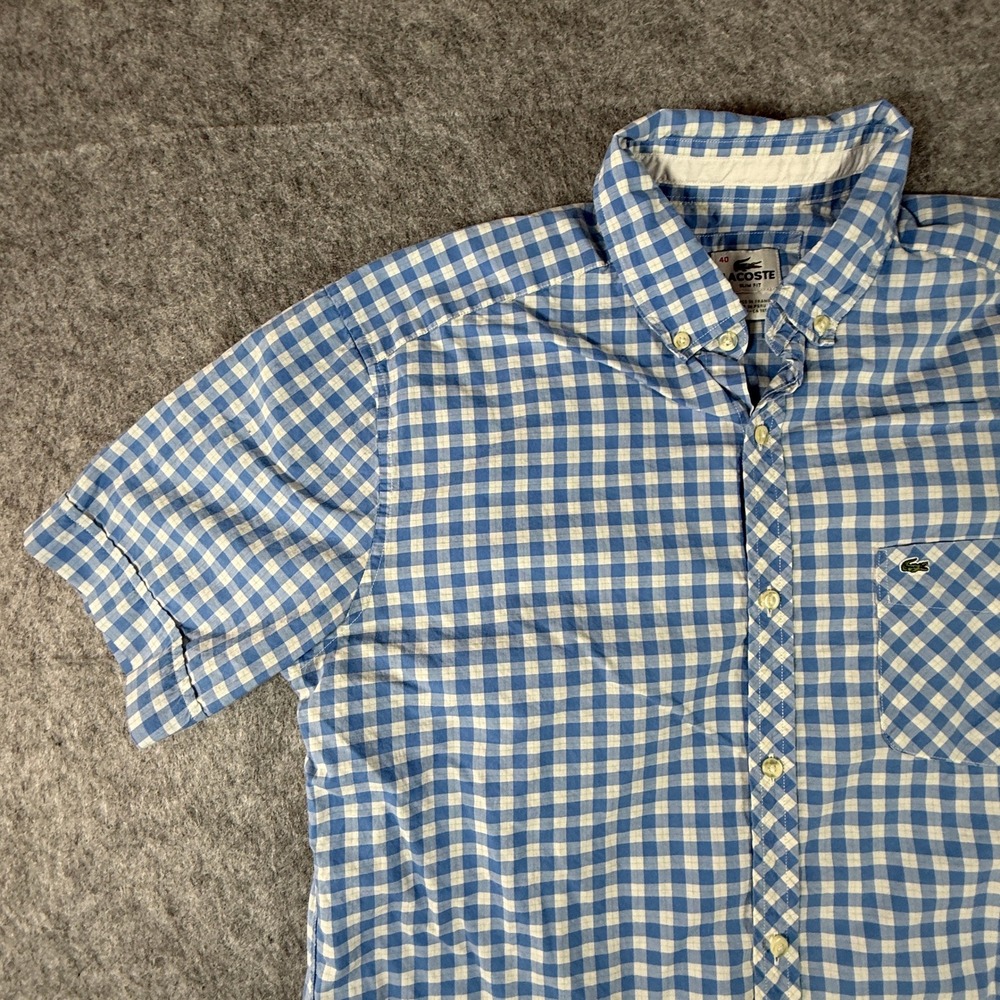 Lacoste Button Shirt Mens 40 Blue Gingham PLaid Slim Fit Short Sleeve Cotton - Picture 3 of 8